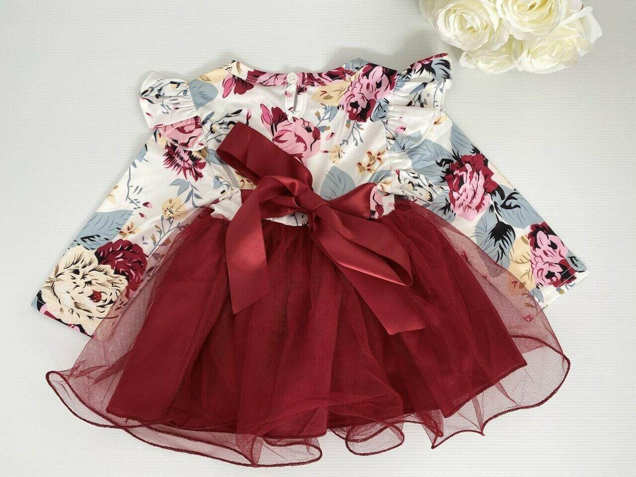 Dark Red Floral Long Sleeve Tulle Dress - MARIGOLD