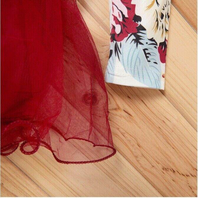 Dark Red Floral Long Sleeve Tulle Dress - MARIGOLD