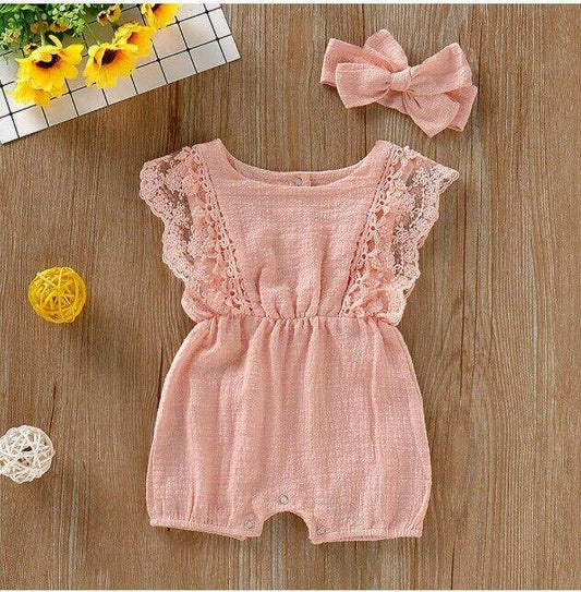 Coral Pink Lace Trim Baby Romper & Headband Set - MARIGOLD