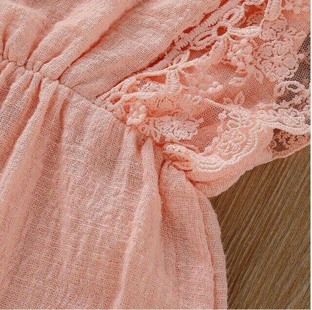 Coral Pink Lace Trim Baby Romper & Headband Set - MARIGOLD