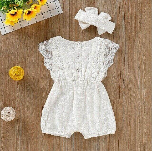 White Lace Trim Romper and Headband set - MARIGOLD