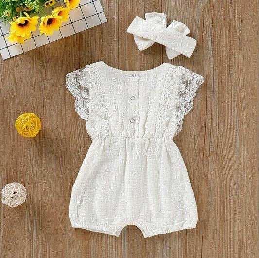 White Lace Trim Romper and Headband set - MARIGOLD