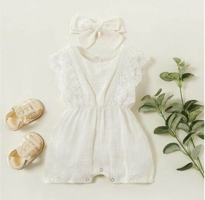 White Lace Trim Romper and Headband set - MARIGOLD