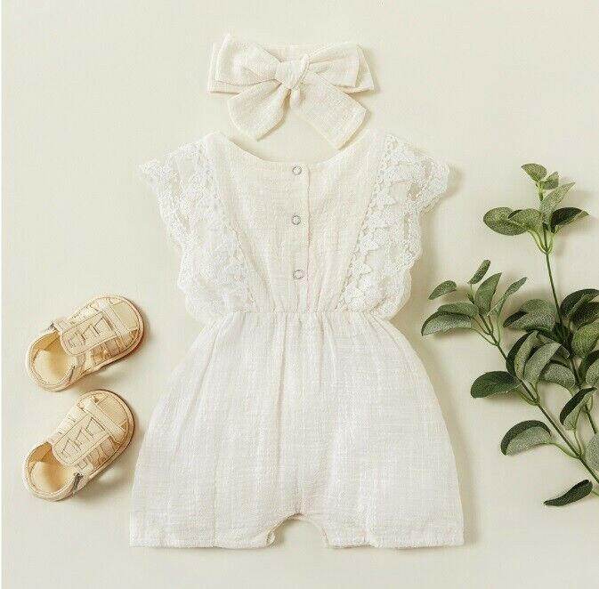 White Lace Trim Romper and Headband set - MARIGOLD