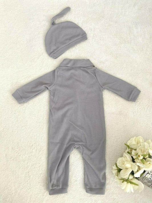 Baby Boys Romper Grey Shawl Collar Button Romper & Beanie Set - MARIGOLD