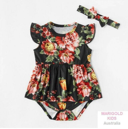 Baby Girls Dress Size 0-3m/3-6m Black Floral Dress & Headband- Select Size - MARIGOLD