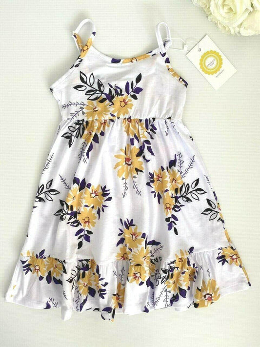 New Size 2 Girls Dress: Yellow Floral Print White Dress - MARIGOLD