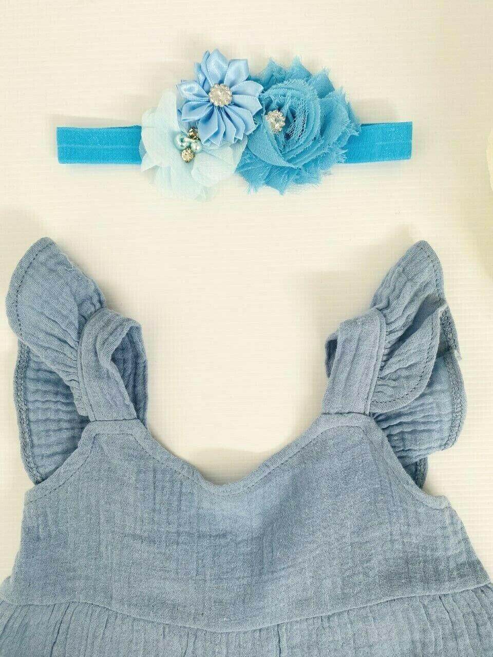 size 3-6 months new baby girls dress blue ruffle sleeve cotton dress & headband - MARIGOLD