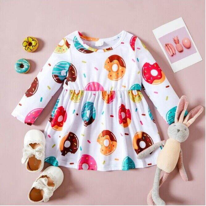 Baby Toddler Girls Donut Print Long Sleeve Dress - MARIGOLD