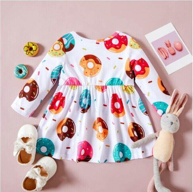 Baby Toddler Girls Donut Print Long Sleeve Dress - MARIGOLD