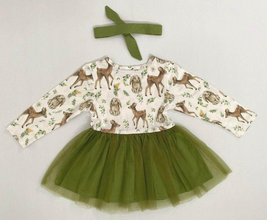 Baby/Toddler Girls Dress New Forest Deer & Rabbit Green Tulle Baby Girls Dress - MARIGOLD