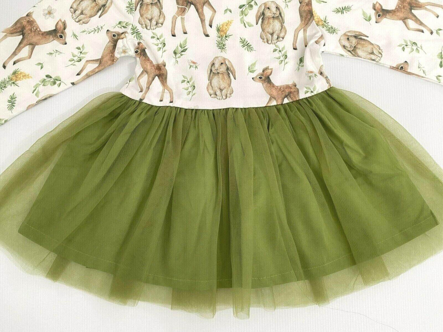 Baby/Toddler Girls Dress New Forest Deer & Rabbit Green Tulle Baby Girls Dress - MARIGOLD