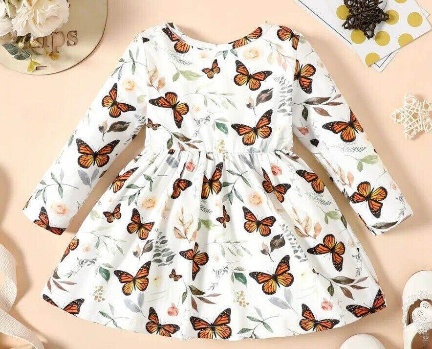 New Baby Toddler Girls Dress - Butterfly and Leaf Print Dress - MARIGOLD