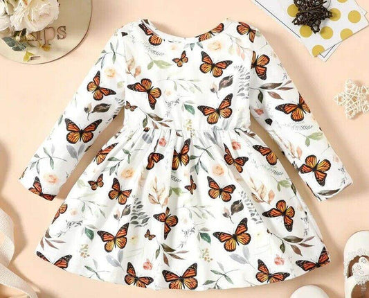 New Baby Toddler Girls Dress - Butterfly and Leaf Print Dress - MARIGOLD
