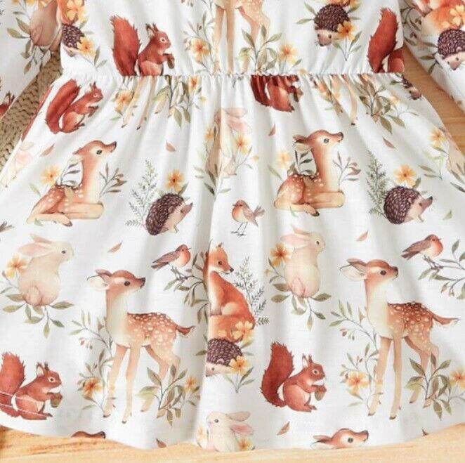 New Baby Toddler Girls Dress - Whimsical Forest Animals Print - MARIGOLD
