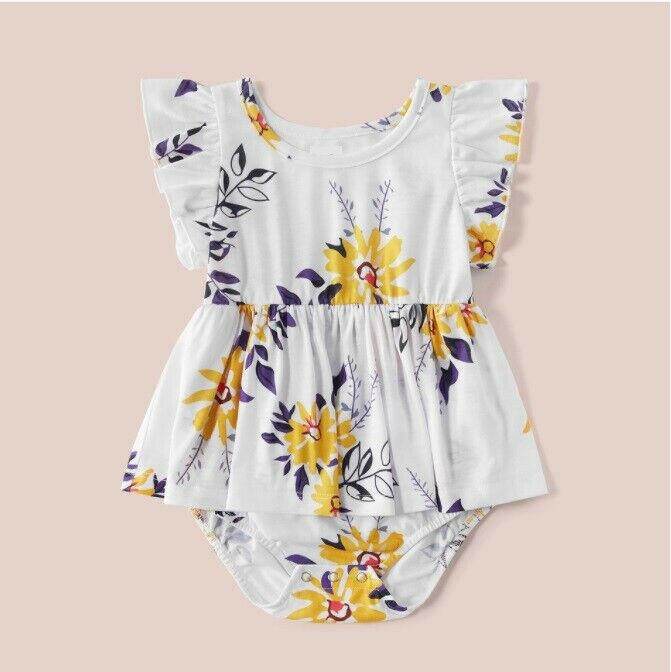 size 6-9m to 12-18m new baby girls dress yellow floral fluttersleeve white dress - MARIGOLD