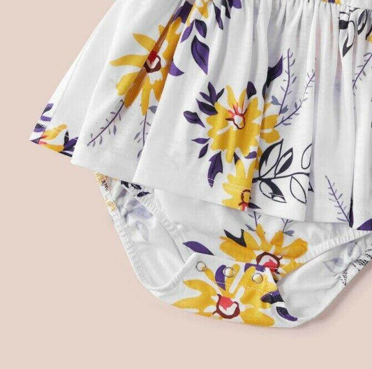 size 6-9m to 12-18m new baby girls dress yellow floral fluttersleeve white dress - MARIGOLD