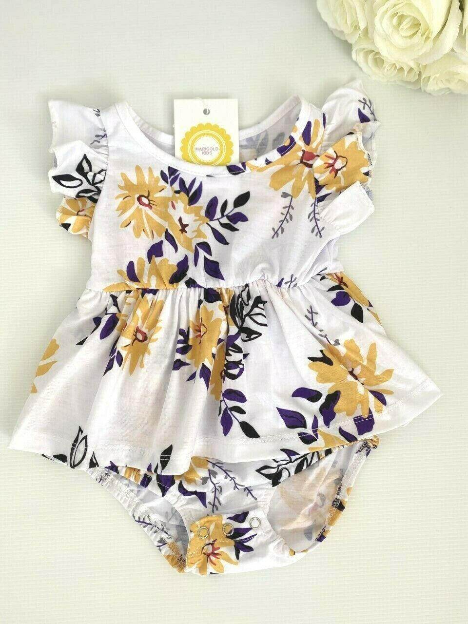 size 6-9m to 12-18m new baby girls dress yellow floral fluttersleeve white dress - MARIGOLD