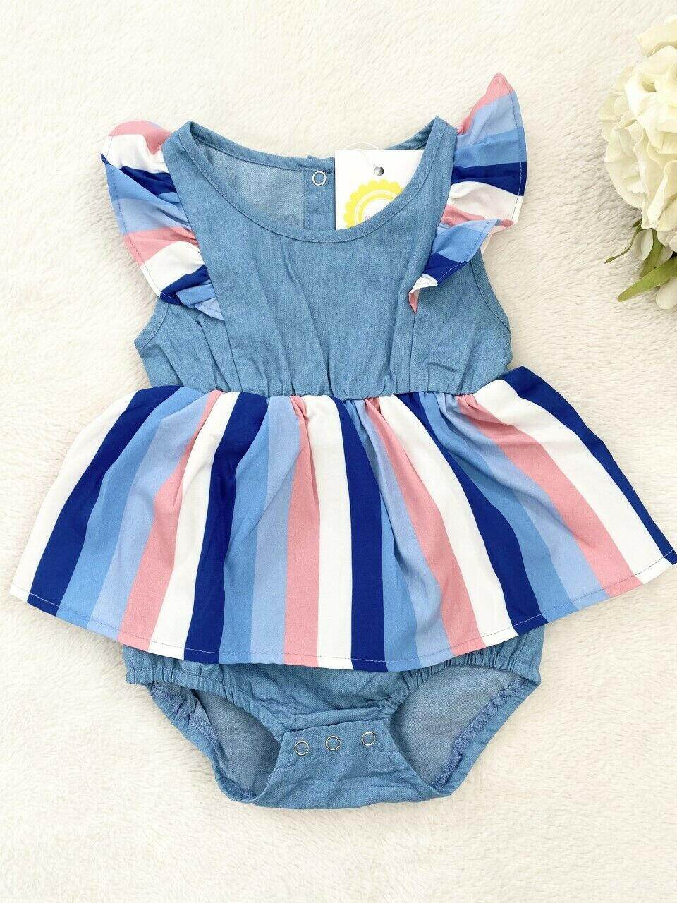 Baby Girls Dress Size 12-18 months New Blue & Pink Stripe Chambray Girls Dress - MARIGOLD