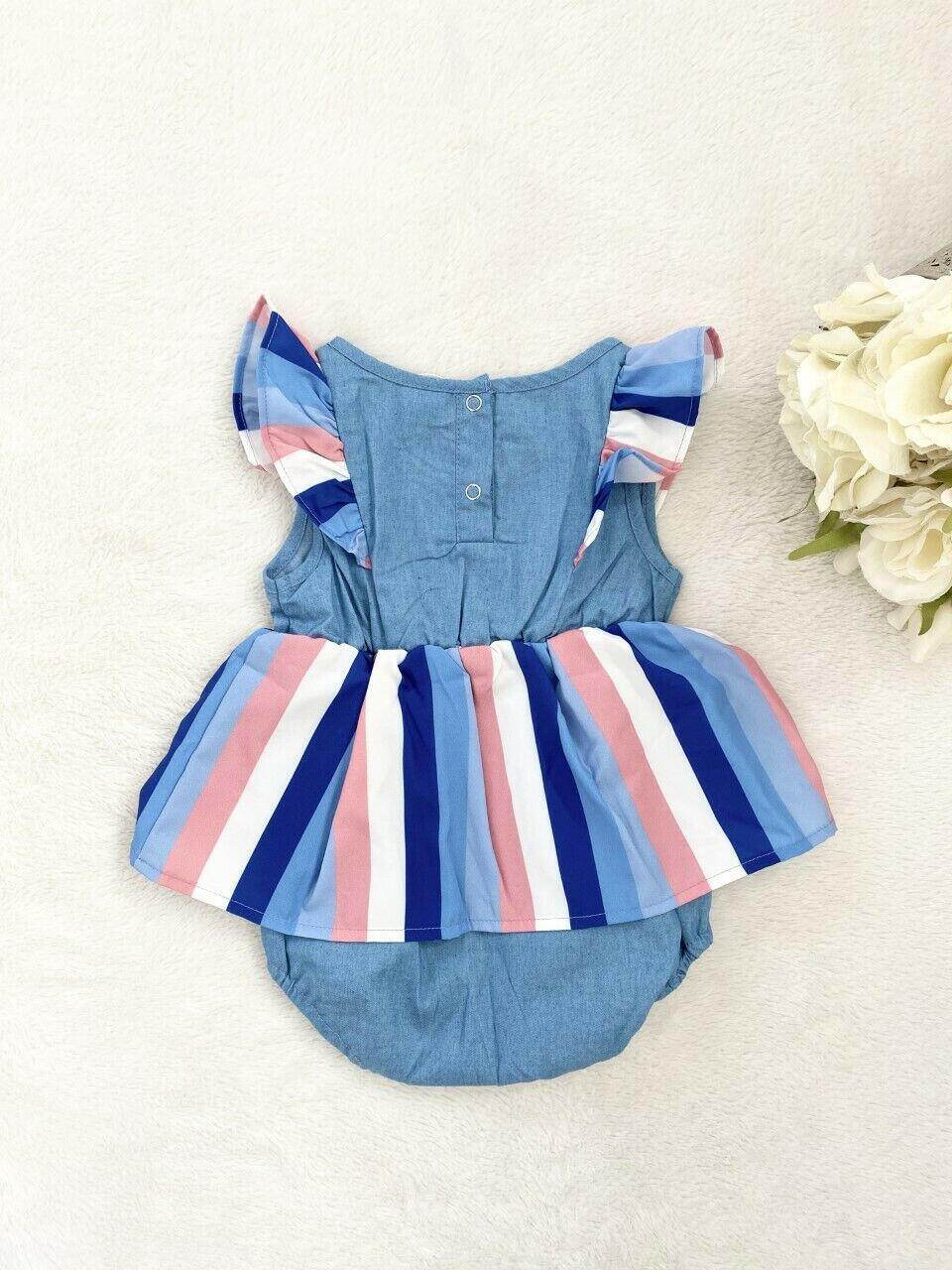 Baby Girls Dress Size 12-18 months New Blue & Pink Stripe Chambray Girls Dress - MARIGOLD