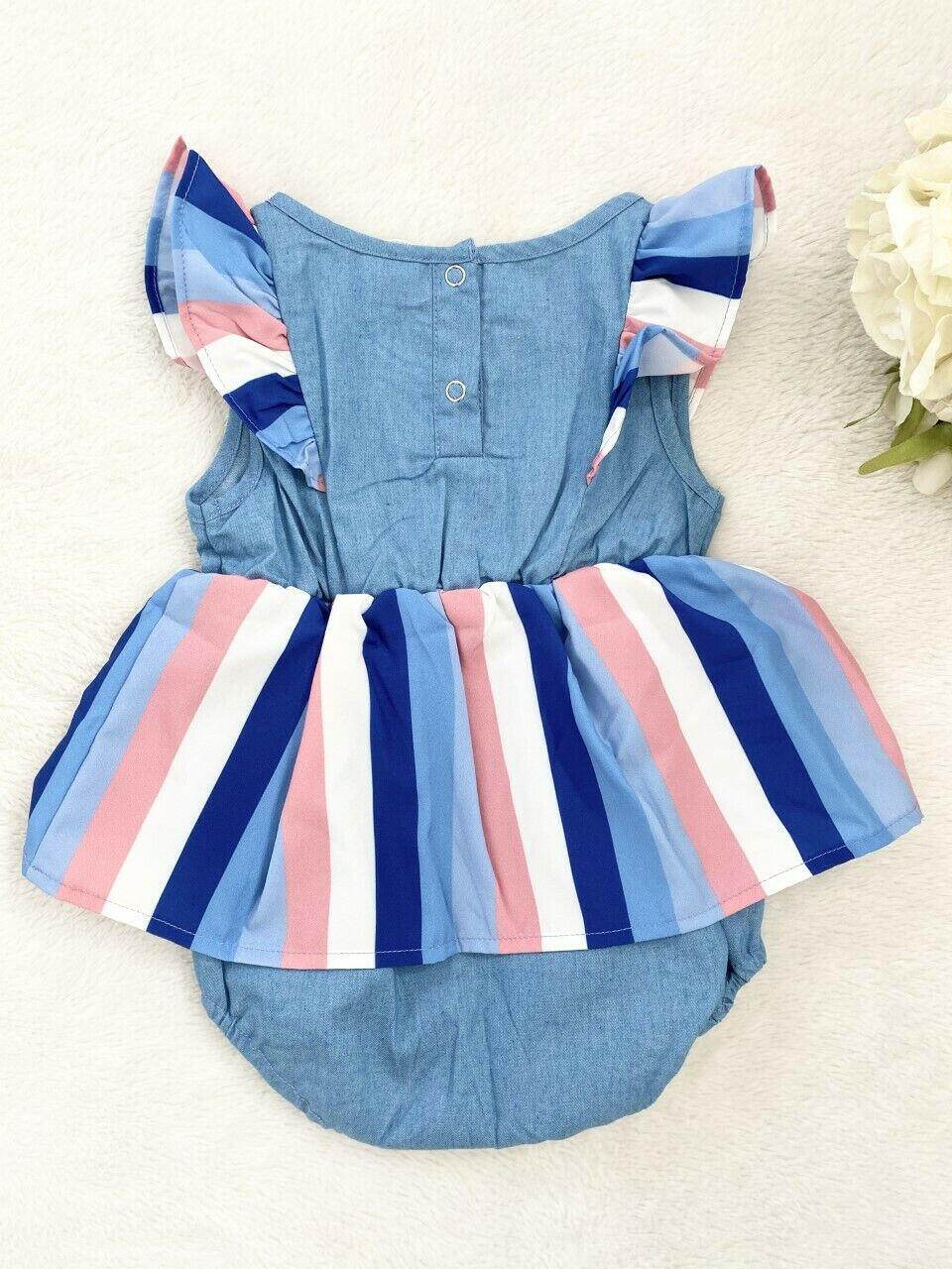Baby Girls Dress Size 9-12 months Blue & Pink Striped Chambray Baby Girls Dress - MARIGOLD
