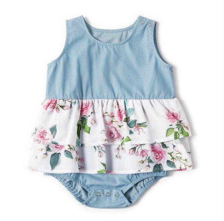 NEW Size 3-6 months Baby Dress Pretty Floral Chambray Baby Girls Romper - MARIGOLD