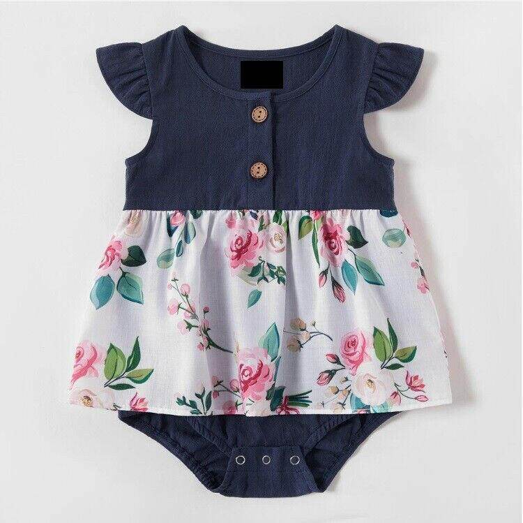 NEW Size 9-12 months Baby Girls Dress Navy Flutter Sleeve Floral Baby Dress - MARIGOLD