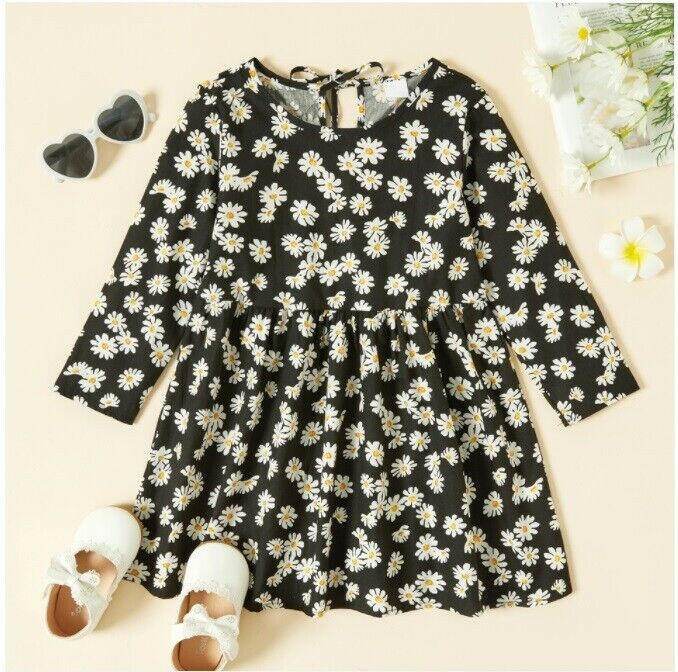 size 18-24m to 5-6y new girls dress black daisy print long sleeve cotton dress - MARIGOLD