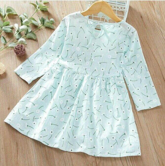 size 18-24m to 5-6y new girls dress blue long sleeve mini gerbera print dress - MARIGOLD