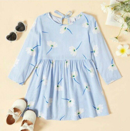 size 18-24m to 5-6y new girls dress blue striped long sleeve white floral dress - MARIGOLD