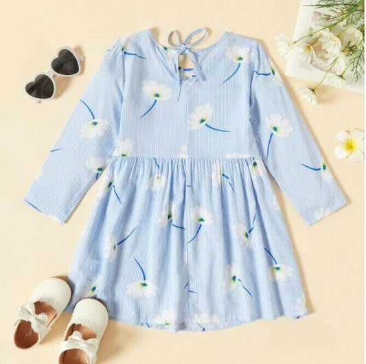 size 18-24m to 5-6y new girls dress blue striped long sleeve white floral dress - MARIGOLD