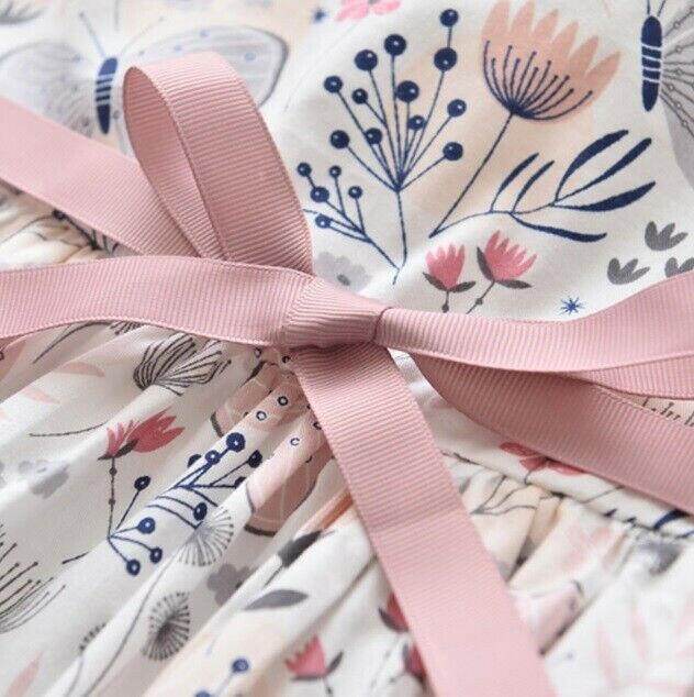 Pink Grey Butterfly Floral 100% Cotton Girls Dress - MARIGOLD