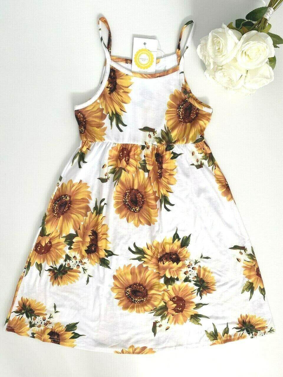 Girls Dress- Girls' Yellow Sunflower Print Midi Tank Dress - MARIGOLD