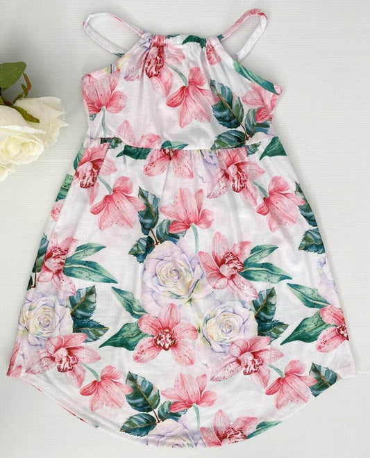 Girls Dress: Lily and Rose Print White Curve Hem Girls Dress - MARIGOLD