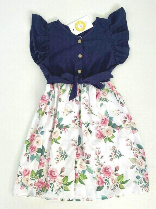 girls dress navy blue flutter sleeve floral cotton dress - MARIGOLD