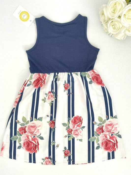 Girls dress new navy and white love and roses stripe girls dress - MARIGOLD