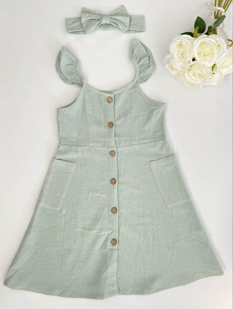 Girls Dress size 2/3/4/6/8 years green flutter sleeve button dress & headband - MARIGOLD