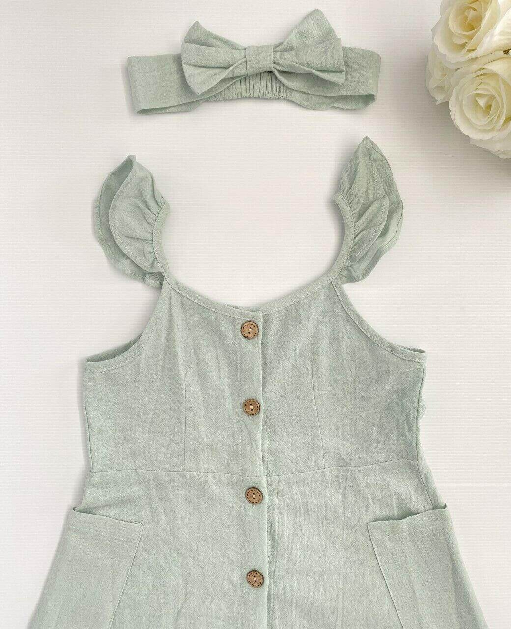 Girls Dress size 2/3/4/6/8 years green flutter sleeve button dress & headband - MARIGOLD