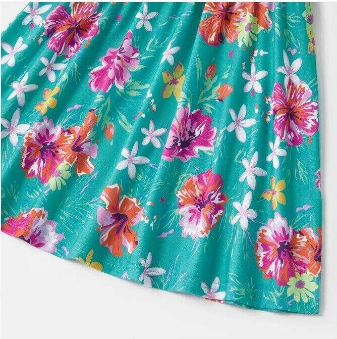 Girls Dress Turquoise Green Hibiscus Flower Print Dress - MARIGOLD
