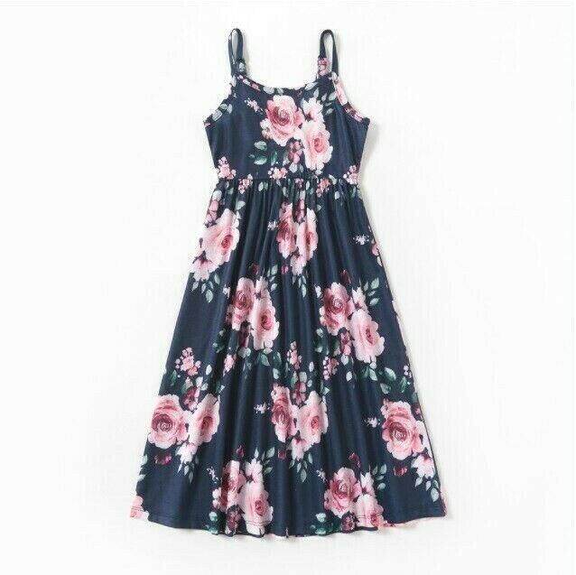 Girls Pink Floral Print Navy Blue Maxi Dress - MARIGOLD