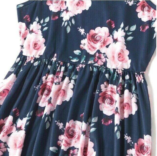 Girls Pink Floral Print Navy Blue Maxi Dress - MARIGOLD