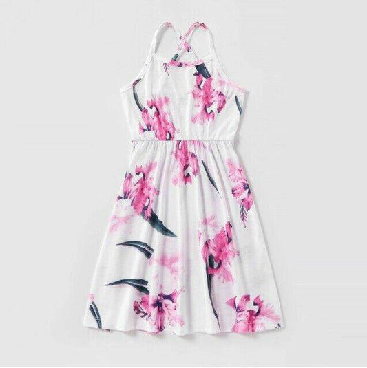 New Girls Dress - Pink Floral Print White Dress - MARIGOLD