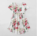 Pink Floral Print Curved Hem Girls Dress