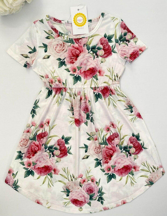 Pink Floral Print Curved Hem Girls Dress - MARIGOLD