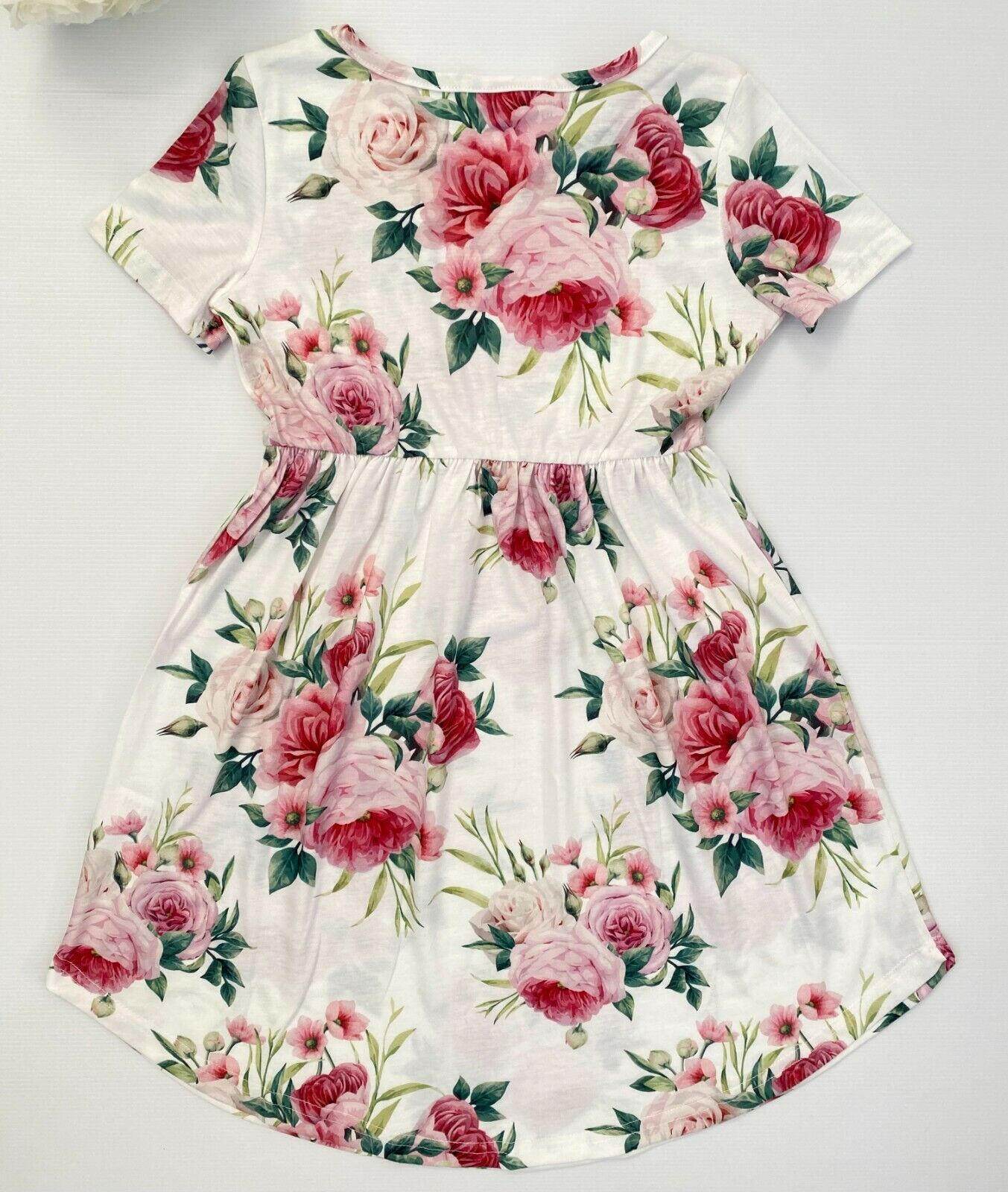 Pink Floral Print Curved Hem Girls Dress - MARIGOLD