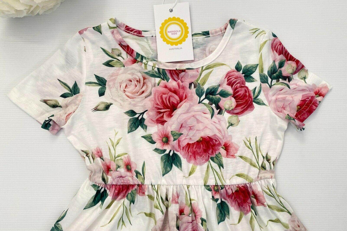 Pink Floral Print Curved Hem Girls Dress - MARIGOLD