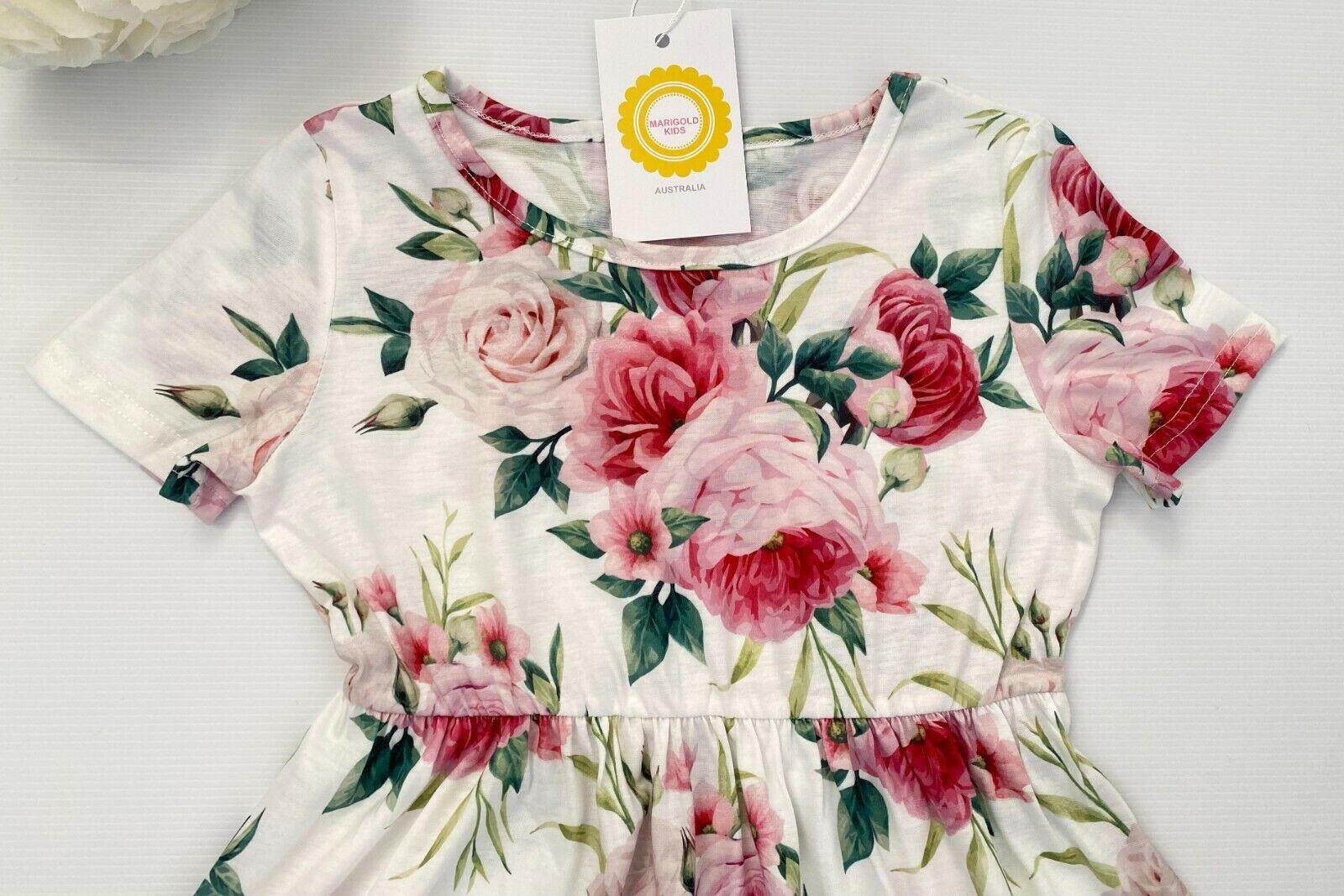 Pink Floral Print Curved Hem Girls Dress - MARIGOLD