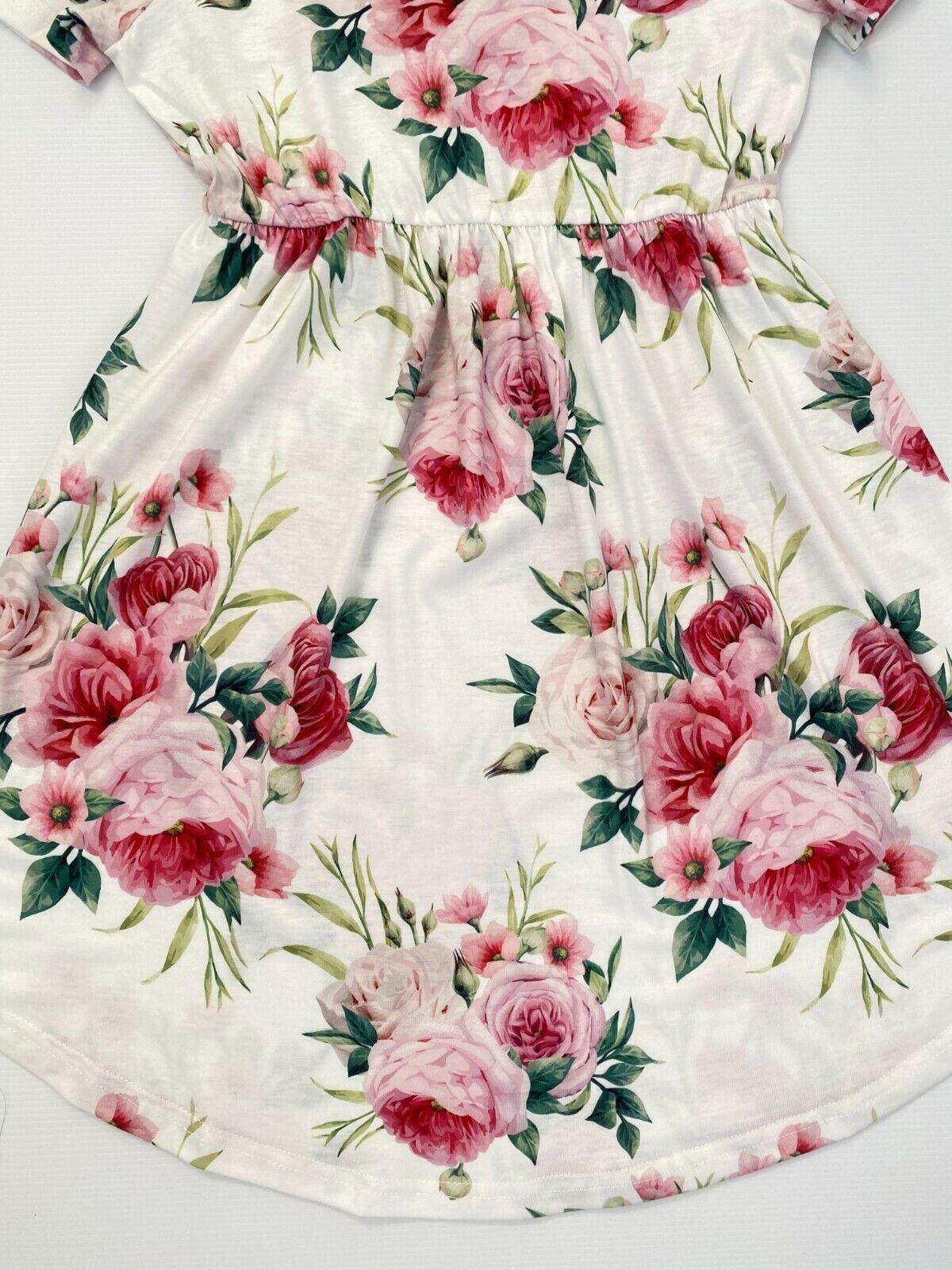 Pink Floral Print Curved Hem Girls Dress - MARIGOLD