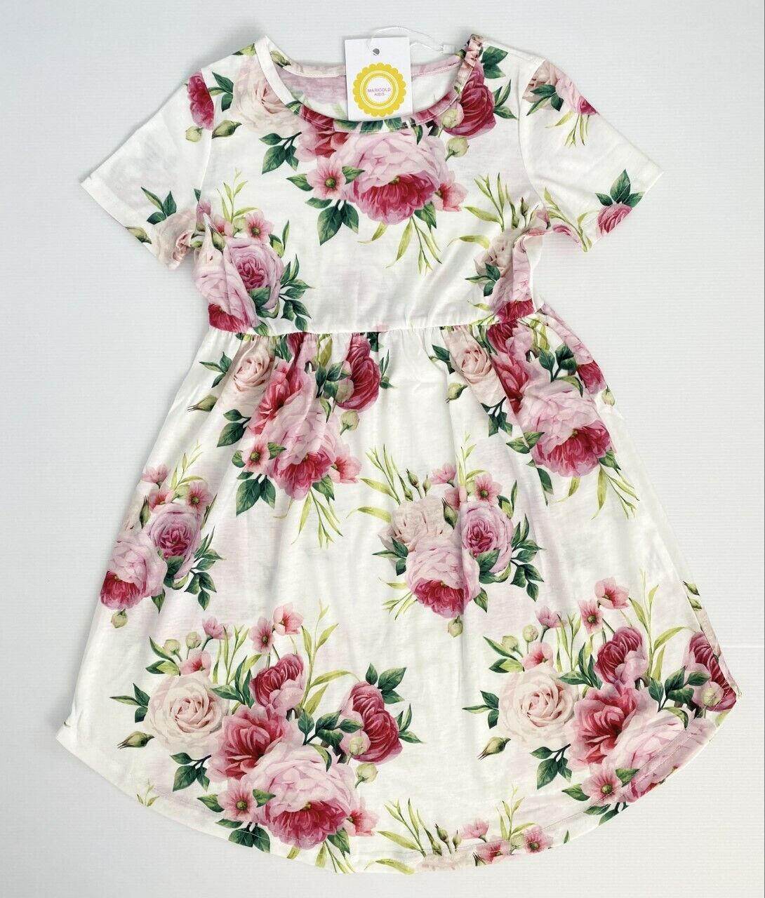 Pink Floral Print Curved Hem Girls Dress - MARIGOLD