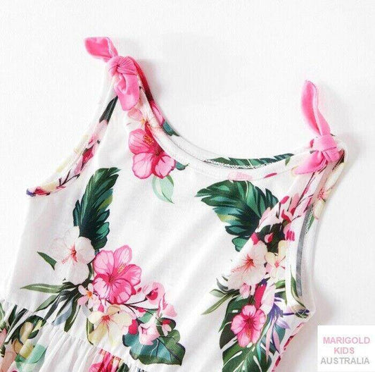 Pink Hibiscus Print Bow Shoulder White Dress - MARIGOLD